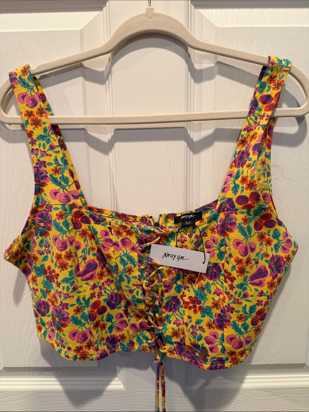Nasty Gal Yellow Floral Lace-Up Crop Top with Purple & Pink Accents